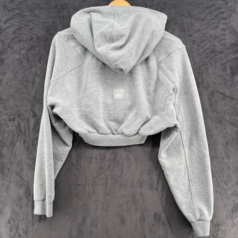 Alo Yoga Womens Cropped Full Zip Hoodie Heather Gray Athletic Sweatshirt